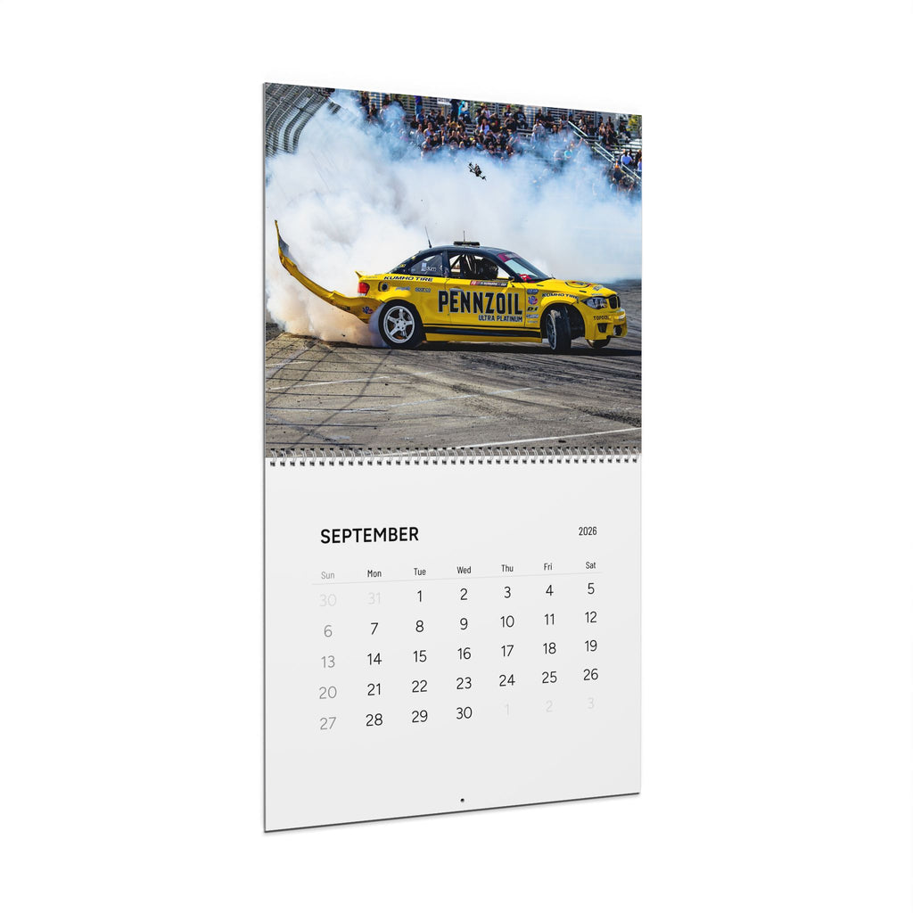 2026 drift car wall calendar featuring motorsport photography, tire smoke, and monthly car images. 