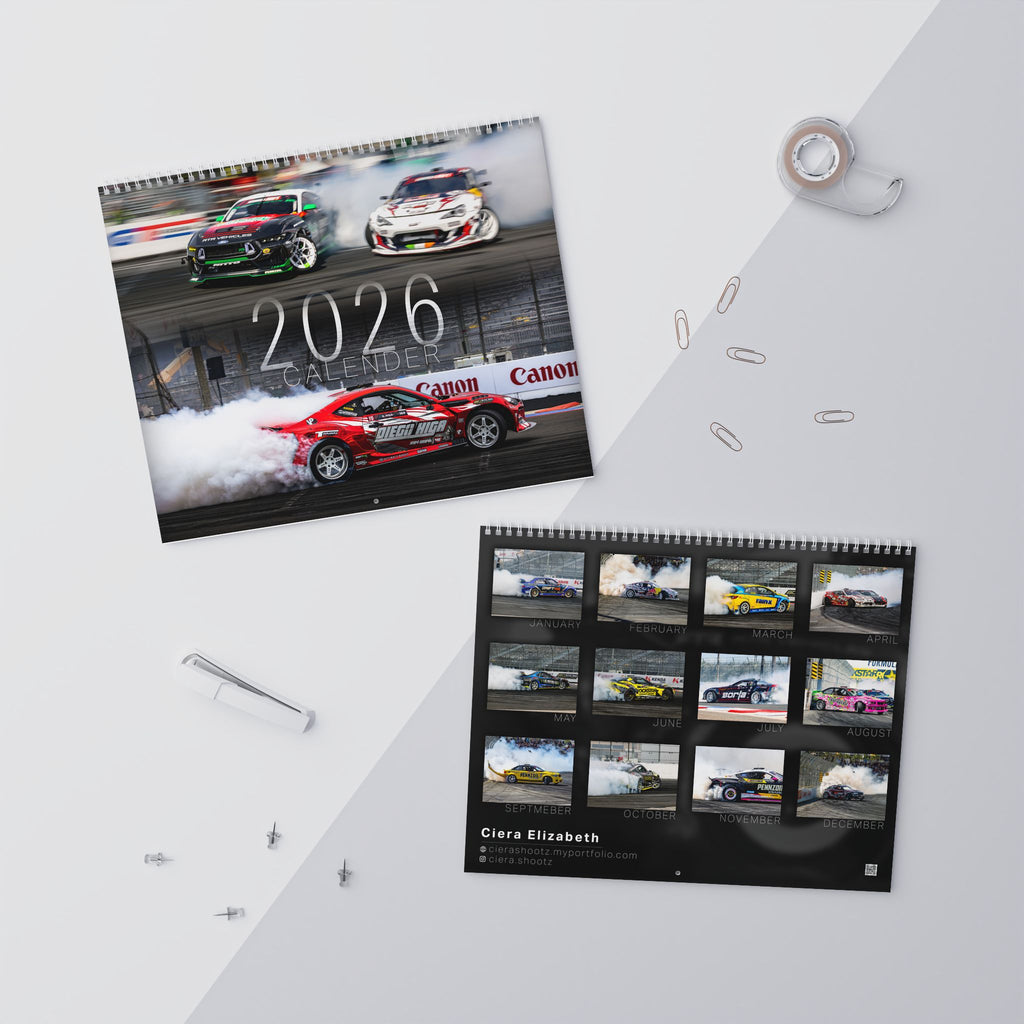 2026 drift car wall calendar featuring motorsport photography, tire smoke, and monthly car images. 