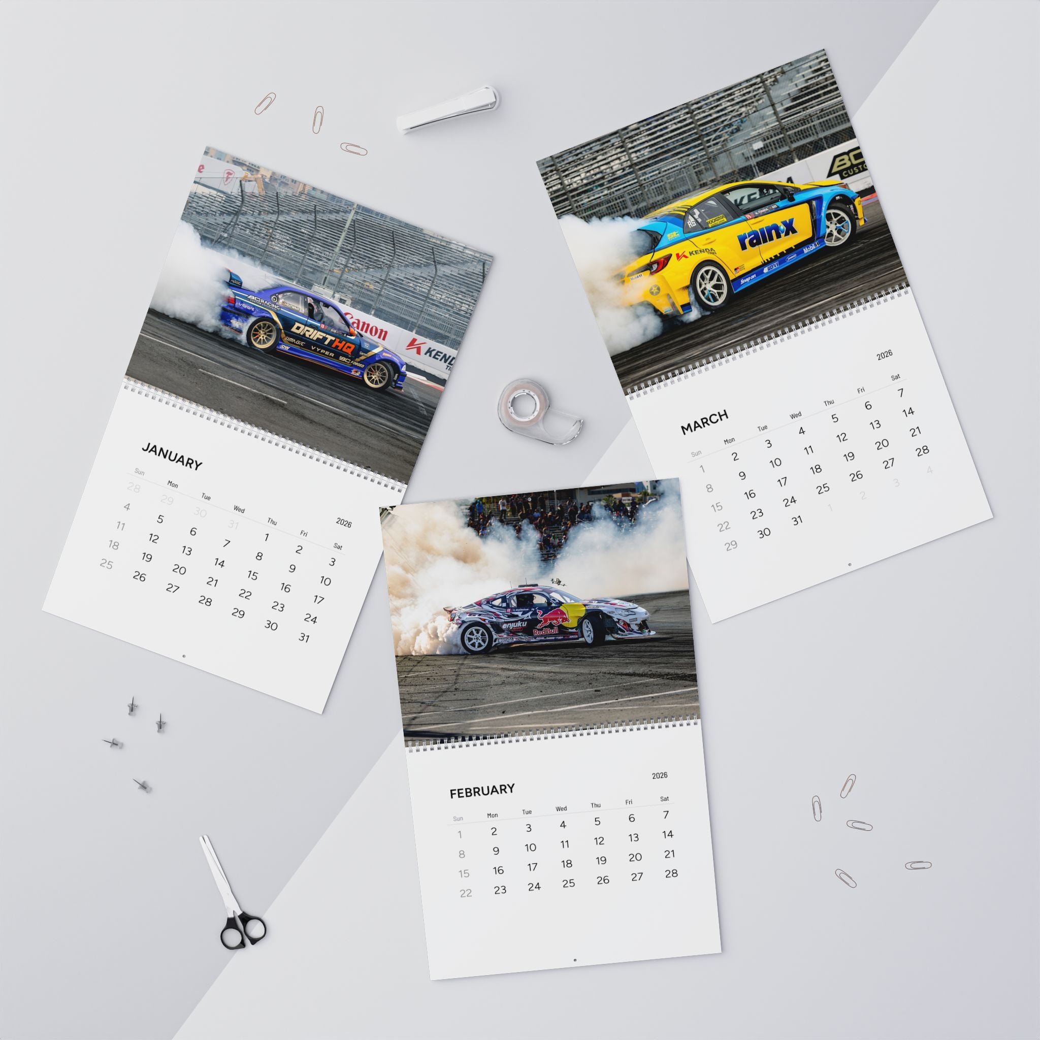 2026 drift car wall calendar featuring motorsport photography, tire smoke, and monthly car images. 