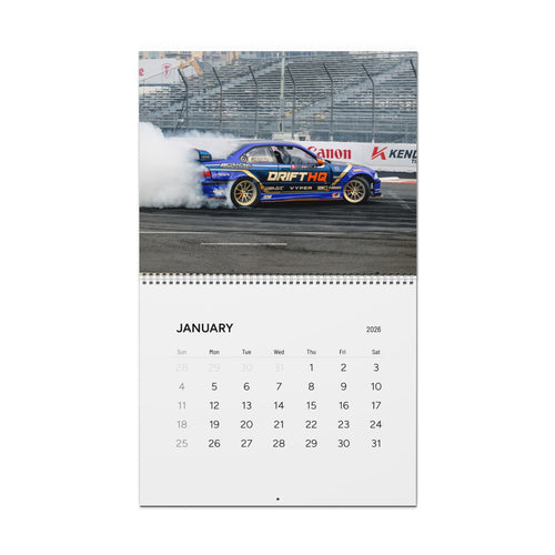 2026 drift car wall calendar featuring motorsport photography, tire smoke, and monthly car images. 