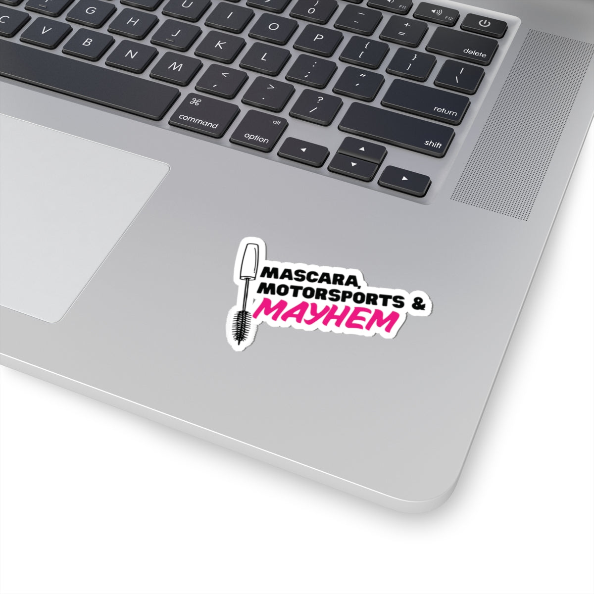 Mascara Motorsports and Mayhem kiss-cut sticker with drift-inspired car girl design