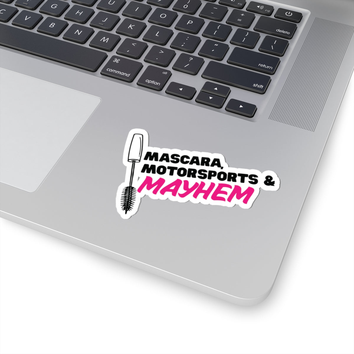 Mascara Motorsports and Mayhem kiss-cut sticker with drift-inspired car girl design