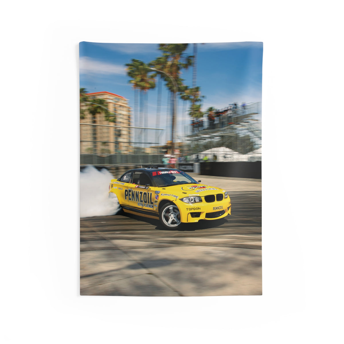 26x36 yellow drift car wall tapestry with tire smoke and palm trees
