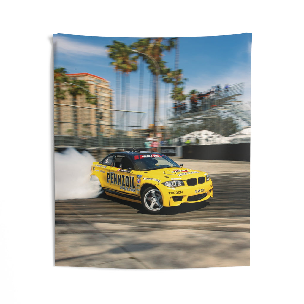 50x60 yellow drift car tapestry featuring motorsport photography