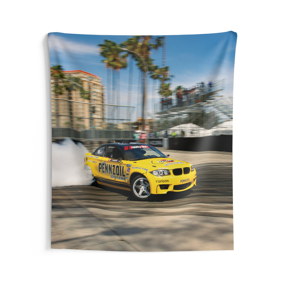 68x80 yellow drift car wall tapestry with smoky drift track scene