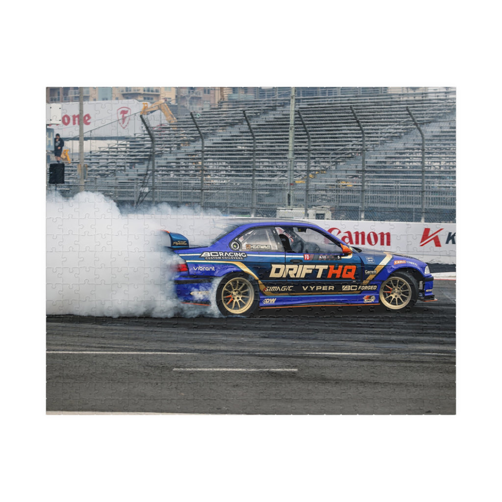 Adam LZ drift car jigsaw puzzle featuring a blue drift car and smoky racetrack scene