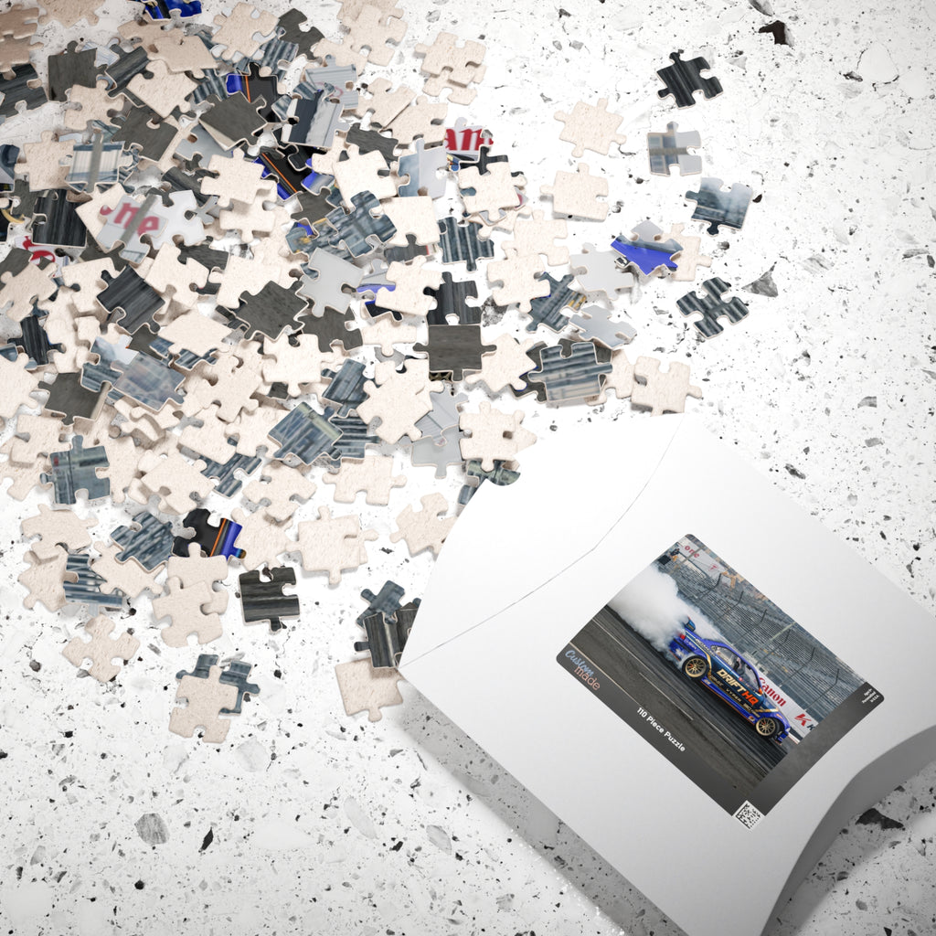 Adam LZ drift car jigsaw puzzle featuring a blue drift car and smoky racetrack scene