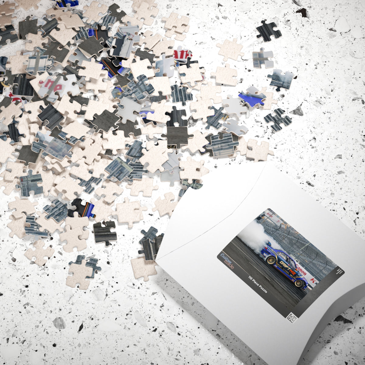 Adam LZ drift car jigsaw puzzle featuring a blue drift car and smoky racetrack scene