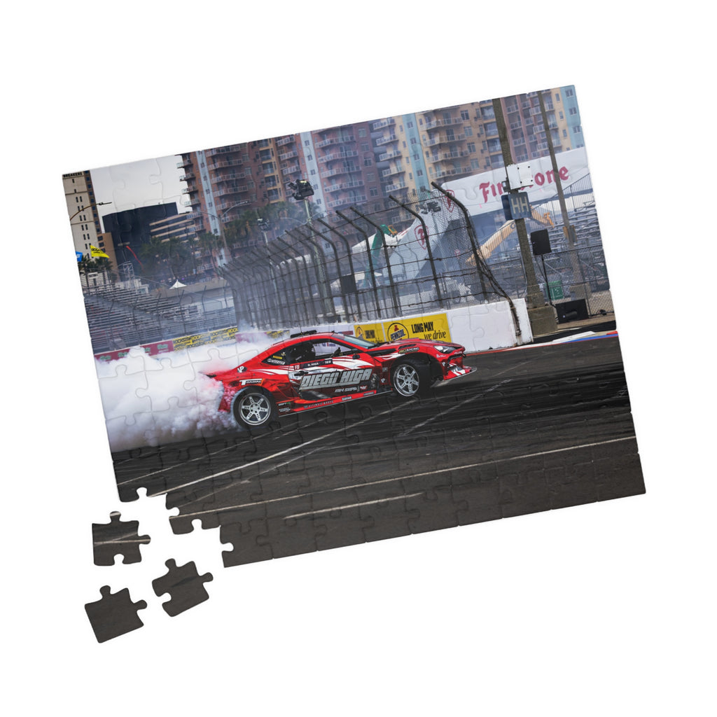 Diego Higa red drift car puzzle featuring a smoky racetrack drifting scene