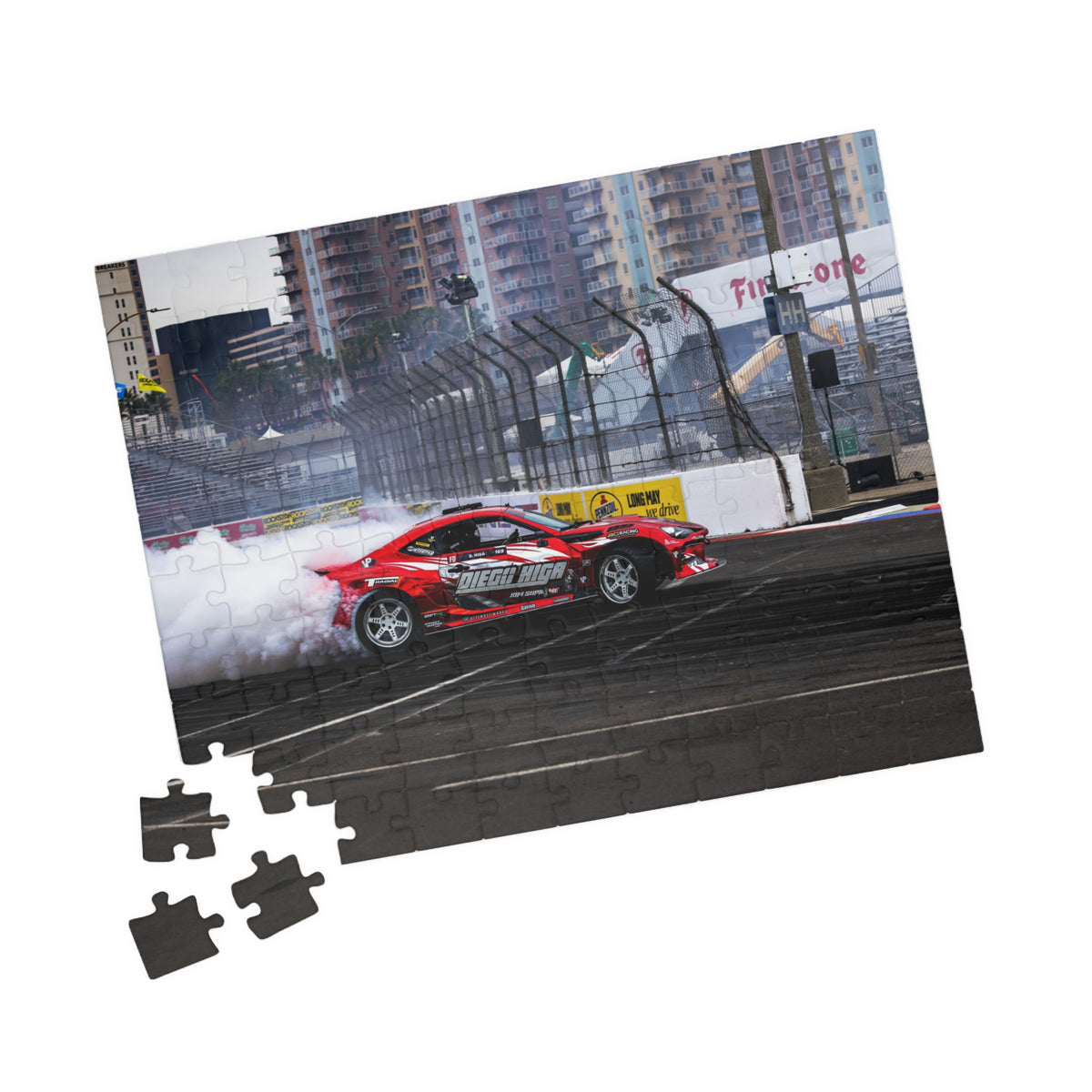 Diego Higa red drift car puzzle featuring a smoky racetrack drifting scene