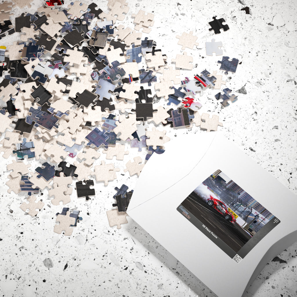 Diego Higa red drift car puzzle featuring a smoky racetrack drifting scene
